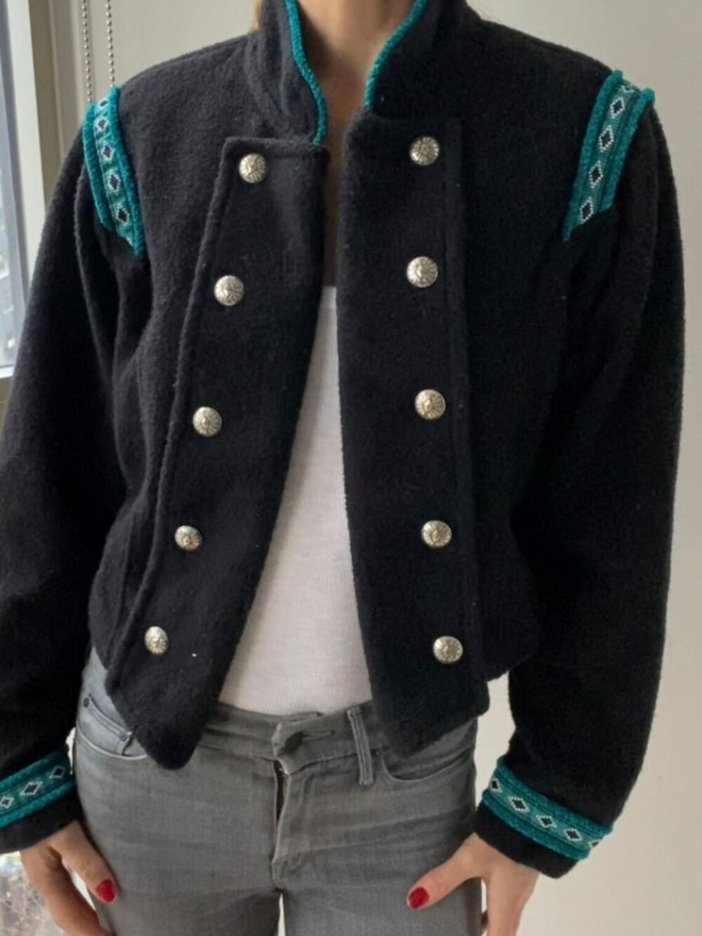 Vintage Black Military Style Embroidered Shoulder/Sleeves- Jacket/Blazer- Size M